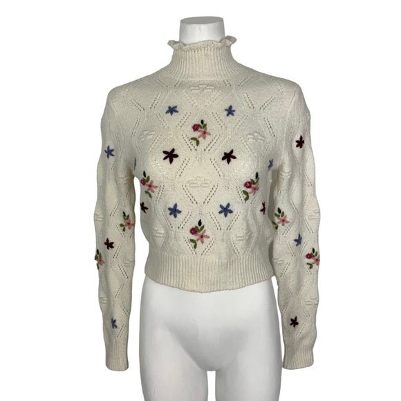 Zara Sweaters Zara Floral Embroidered Sweater M Ecru Ivory Mock